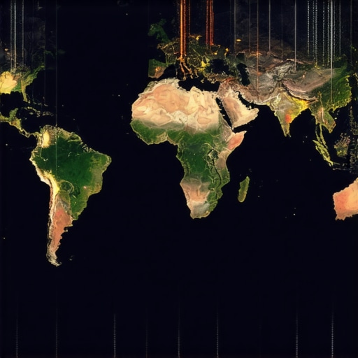 Futuristic geospatial data visualization with sensors, heatmaps, and digital maps