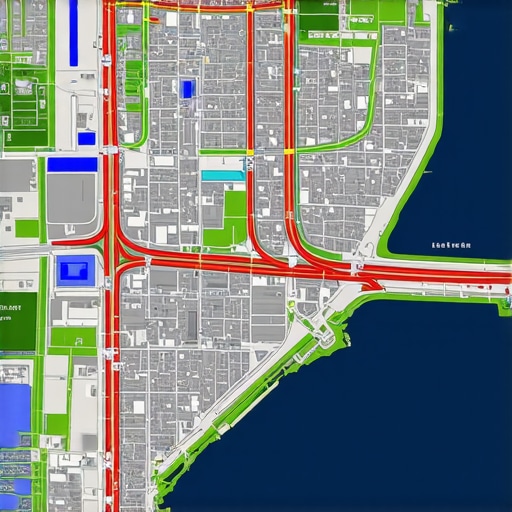 Futuristic digital map with layered geospatial data and AI analytics overlays