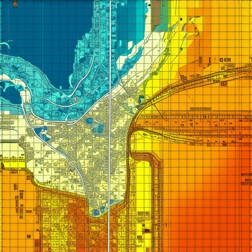 A detailed map showing layered GeoGrid data with heatmaps and overlays in an urban setting.