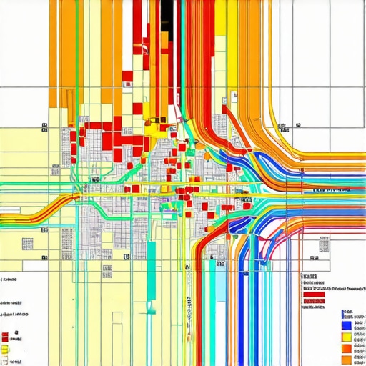 Cityscape with multi-layered geogrid overlay showing heatmaps, reviews, and competitor locations