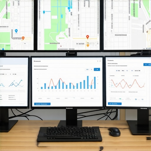 Modern workspace with screens displaying geogrid maps and Google My Business analytics.