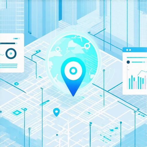 A high-tech digital map with AI data overlays highlighting local SEO analytics and strategies