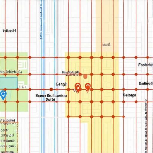 Diagram of a city map with overlaid detailed geogrid, highlighting data collection points for local search ranking optimization.