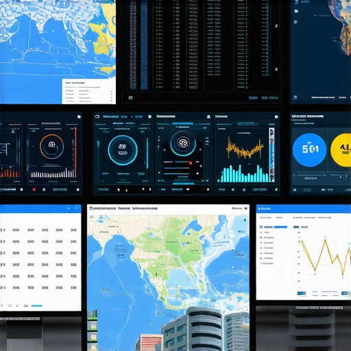 Futuristic control room displaying digital maps and geospatial data analysis interfaces.