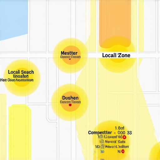 Heat map illustrating geospatial analysis for local search rankings.