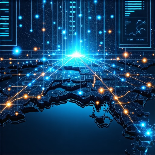 Futuristic visualization of geo-targeting and spatial analytics in local SEO.