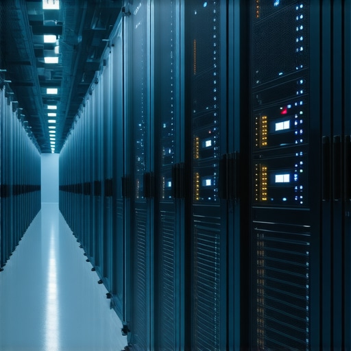 A high-tech data center connected to geospatial sensors and cloud platforms for real-time map data analytics.