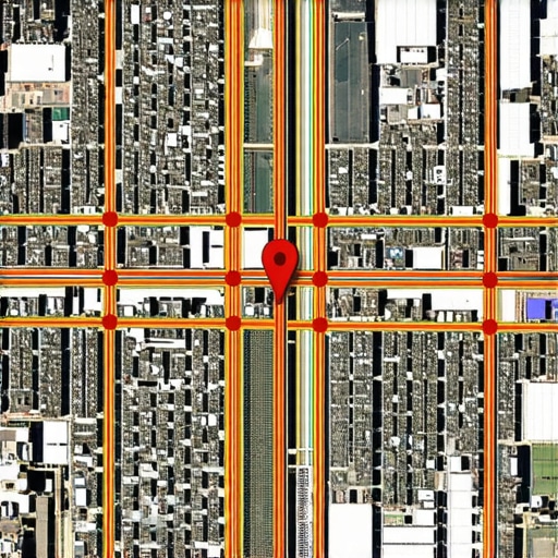 Detailed drone view of city map with overlayed geospatial grid zones and data points.