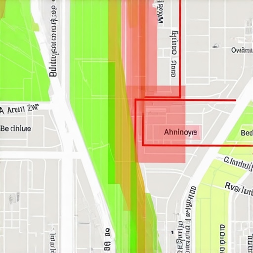 A satellite map with heatmap overlays illustrating geospatial analysis techniques.