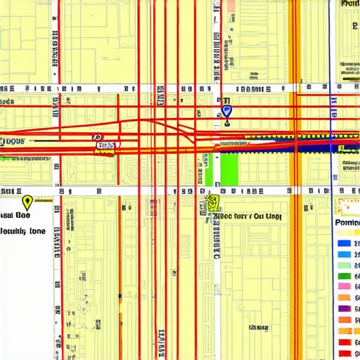 Illustration of a digital map with layered geospatial analytics and competitor proximity zones.