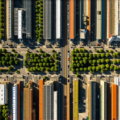 Autonomous Drone Mapping Urban Landscapes Drone capturing detailed aerial footage of city neighborhoods for geospatial analysis