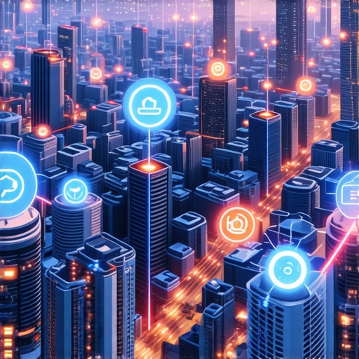 Cityscape with data nodes depicting real-time geospatial data processing.