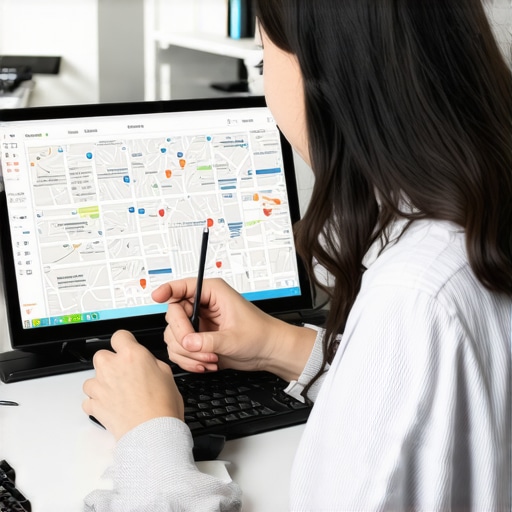 Analyst comparing geospatial data layers from GIS databases with map software