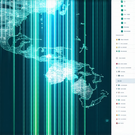 Futuristic map with overlays showing AI filter disruptions and geospatial analytics.