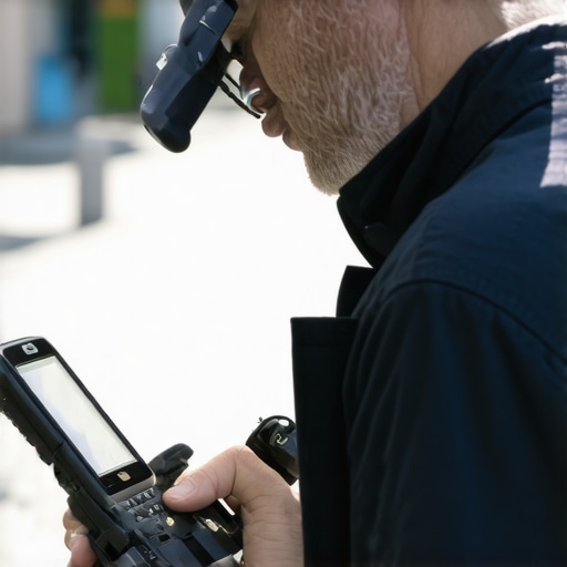 Technician adjusting GPS equipment among city buildings