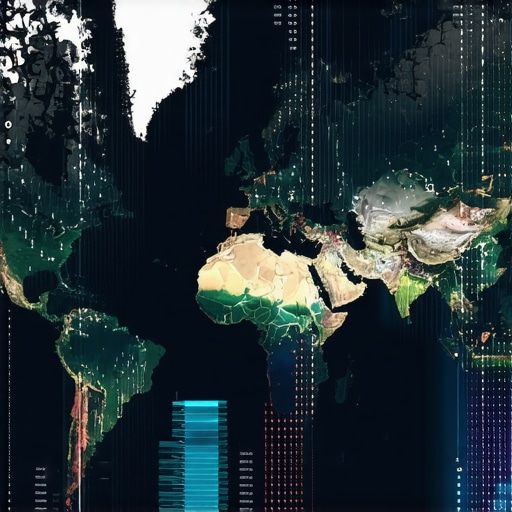 Illustration of a digital map with layered geospatial signals and data charts
