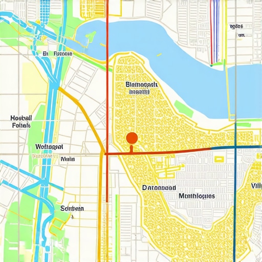 Digital map with geospatial grids depicting local search ranking hotspots and analytics overlays.
