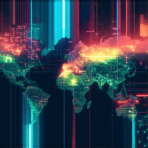 Futuristic digital map showing complex layered geogrid zones with AI data overlays.