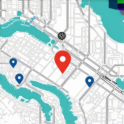 An illustration of a city map with overlaid geogrid layers and tracking points demonstrating advanced local SEO tactics.