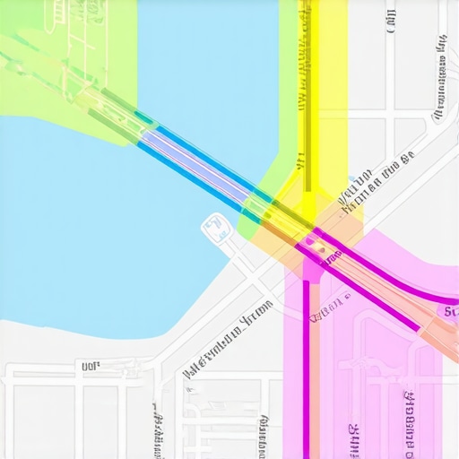 A futuristic map with dynamic AI overlays demonstrating adaptive geogrid zones for optimized local SEO.