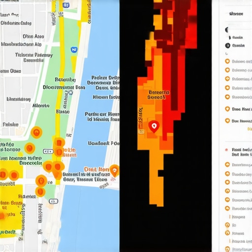 Augmented reality map overlay with regional proximity data and foot traffic analytics.