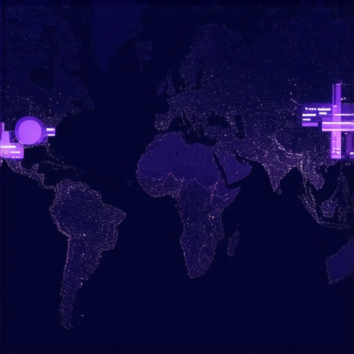 Futuristic digital map highlighting geogrid data and AI analysis
