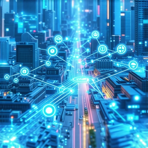 Visual representation of blockchain securing geospatial maps in an urban landscape