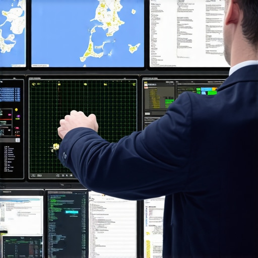 Professional monitoring geogrid signals on digital screens illustrating map rank fluctuations.