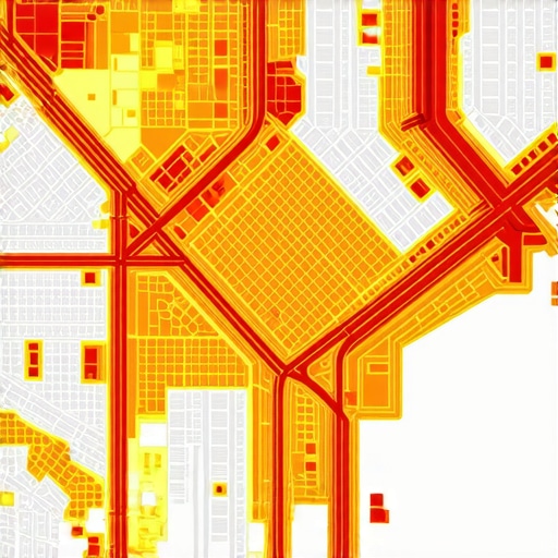 Heatmap with Geospatial Data for Advanced Geogrid Strategies City map displaying heatmap overlays highlighting geospatial pin clusters and AI filtering zones.