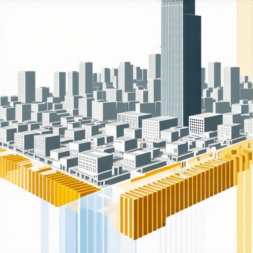 Cityscape diagram showing multi-floor business mappings with elevation layers and geogrid overlays.