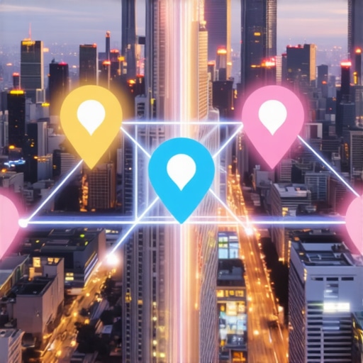 Futuristic city with interconnected maps and AI data streams representing advanced local SEO analytics