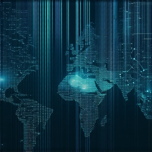 Futuristic digital map illustrating AI-driven geogrid overlays and real-time data connections.
