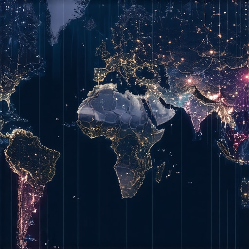 Futuristic visualization of geospatial data and AI analysis influencing map signals.