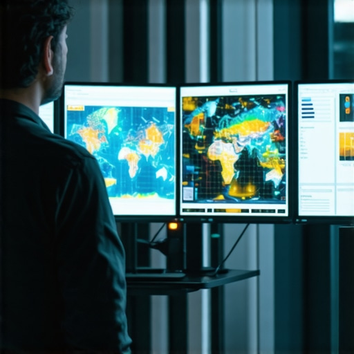 SEO specialist reviewing geogrid heatmap data across multiple screens to optimize local maps ranking