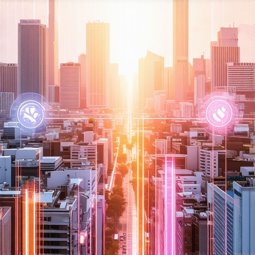 Futuristic city map with multiple data layers and AI analysis icons.