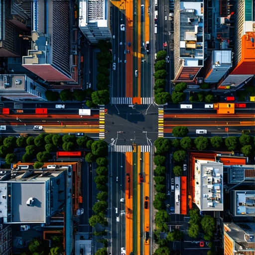 Advanced Geospatial Data Overlay in Urban Area A detailed urban aerial map illustrating real-time geospatial analytics with heatmaps and signal vectors.