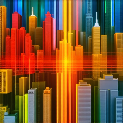 Urban geogrid tracking overlays revealing visibility zones amidst skyscrapers.