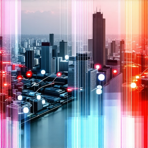 Urban Geospatial Data Fusion Illustration of city environment with digital signals and data overlays demonstrating advanced geospatial tracking